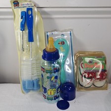Vintage Baby set plastic bottle latex nipple brush Darling newborn shoes 90s