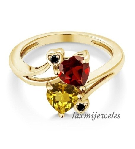 Real 2CT Heart Shape Red Ruby & Citrine 2-Stone Bypass Ring 14K Yellow Gold Over - Picture 4 of 7