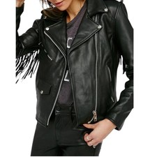 Handmade Women's Black Leather Fringe Jacket | Motorcycle Jacket With Fringe |