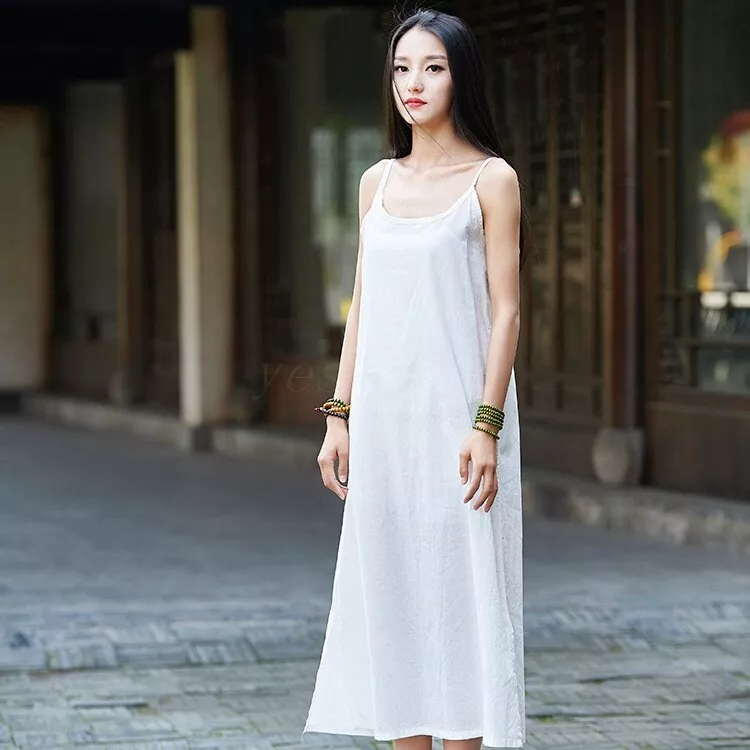 Womens Summer Loose Camisole Maxi Sundress Casual Retro Linen Cotton Cami Dress