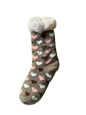 Warm Fuzzy Cozy Socks Thermal Fleece-lined Knitted Non-skid Crew Brown w Hearts