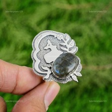 Sterling Silver Natural Labradorite Wedding Bezel Stackable Wife Birthday Ring