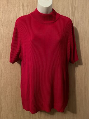 Studio Works Short Sleeve Sweater Red Ribbed Mock Neck Womans Size XL