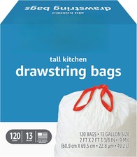 Trash Bags, Tall Kitchen Drawstring, Unscented, 13 Gallon, 120 Count, Pack of 1