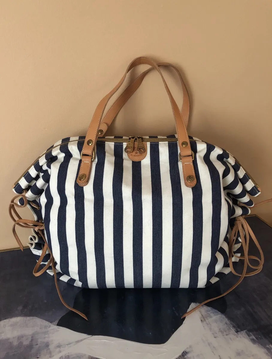 IL BISONTE Made In Italy Striped Canvas & Leather Tote Shoulder Convertible  Bag