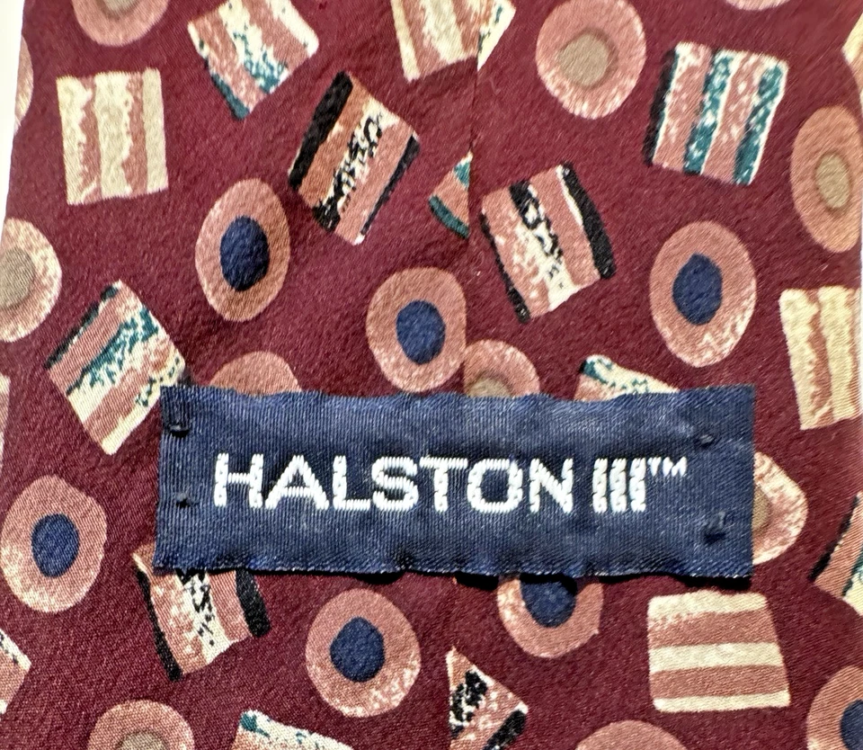 Corbata geométrica abstracta Halston III 100 % seda granate 4" ancho 58" largo. Retro Vibe Foto 3 de 4