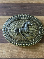 Western Belt Buckle Floral Engraved Silver Tone Gold Tone Horse