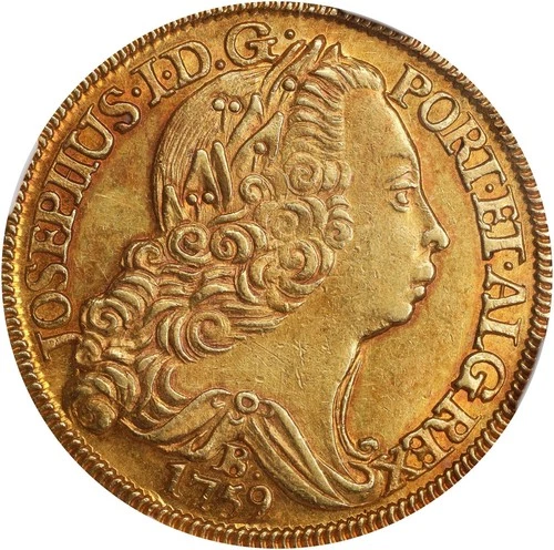 Brazil Jose I, 1759-B Gold 6400 Reis NGC AU55 Bahia Mint Beautiful Lustrous Coin