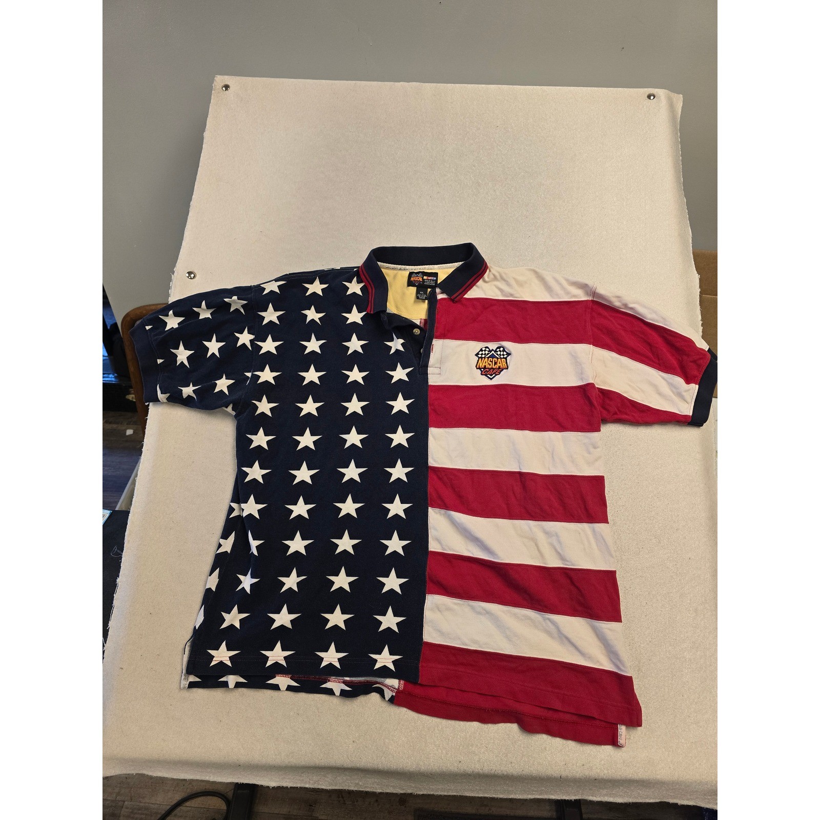 Vintage NASCAR Cafe USA Flag Polo Shirt Mens XXL Red White Blue Stars Stripes