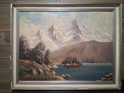 Oil On Canvas Of Germany's Eibsee Alpine Lake And Zugspitze Mountain Signed...