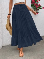 UK Ladies High Elastics Waist Swing Skirts Long Beach Summer Holiday Dress 6-18