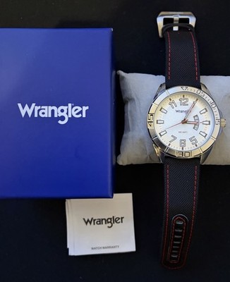 Wrangler Men's Quartz Wristwatch White Dial Black Leather Band Silver Case