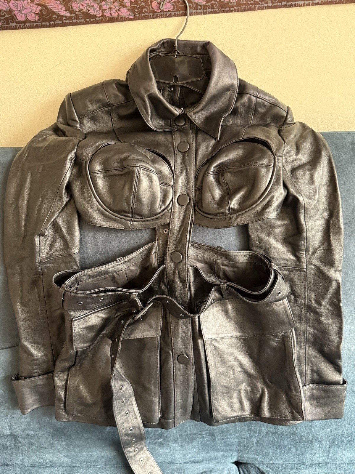 H&M Rokh Black Leather Biker Jacket Belted Collared Pocket Women's Size M thumbnail 2