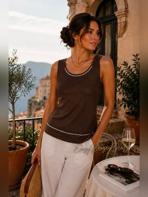 Marina Rinaldi Voyage Made In Italy Shimmer Knit Shell Top Brown Silver Luxury M