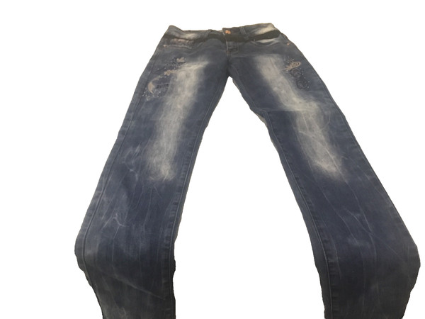 ladies denim jeans with motif down legs size 28. * ::