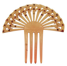 Vintage Hair Comb Art Deco Style Celluloid Fan Design Red Rhinestones 4" X 4.5"