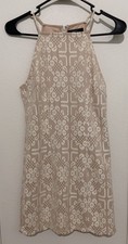 Party Dress Beige Tan Neutral Lace Halter Sheath Short Dress Floral Women Size S