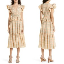 Ulla Johnson Bendetta Dress in Opal Sz 4 Peach Cream Blue Silk Chiffon Ruffles