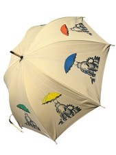 Vintage B. Kliban Cat Umbrella Canvas Wood Handle Beige