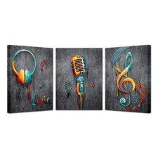 3 Pieces Music Artistic Paintings Wall Art Microphone and Headset Note Pictur...