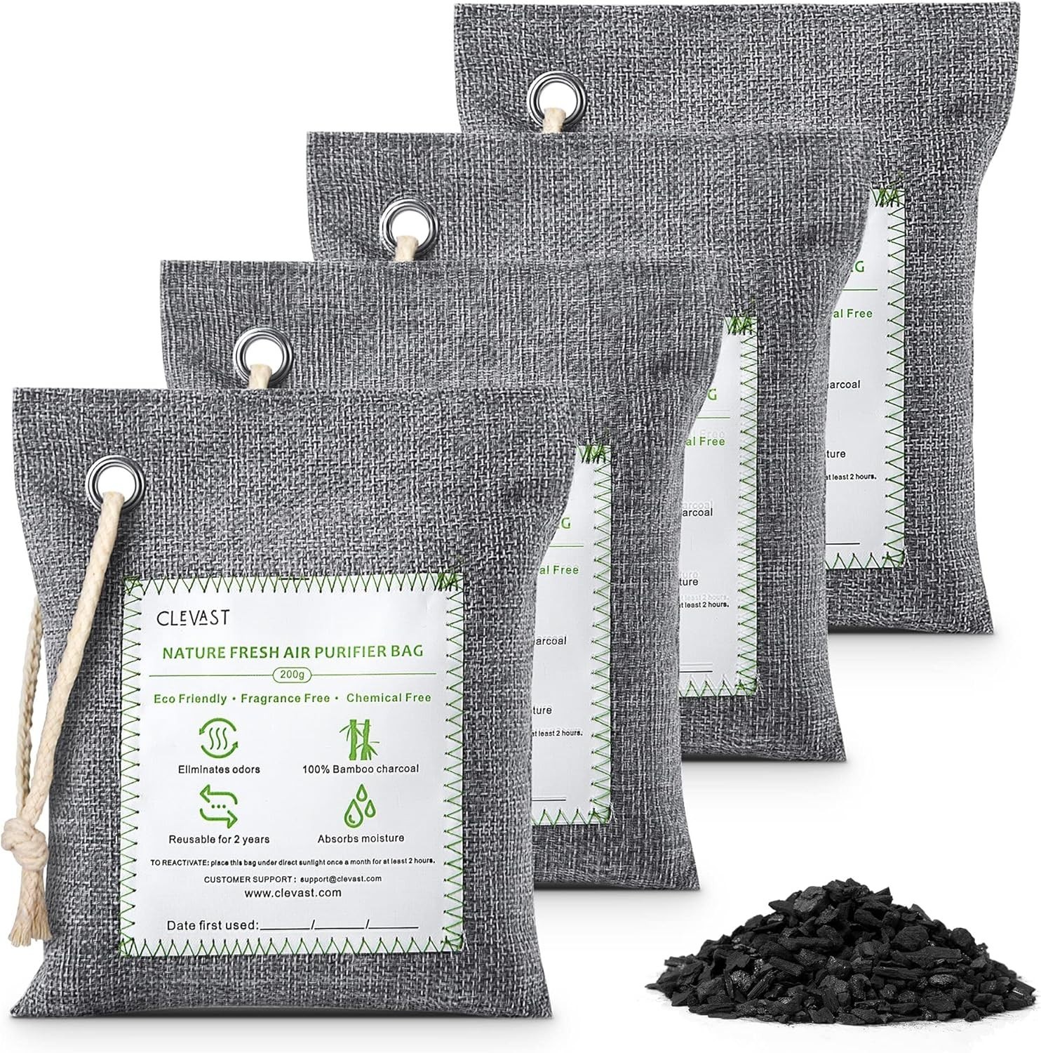 4-Pack Large Bamboo Charcoal Air Purifying Bags - 100% Natural Odor Eliminators