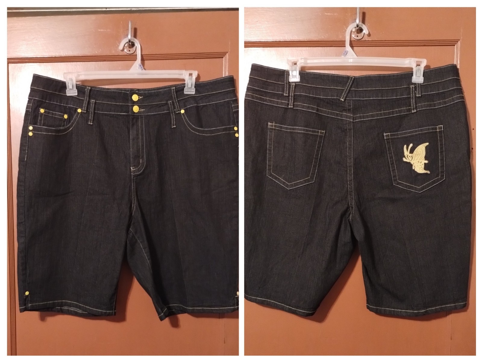 Drama Gold Stretch Denim Shorts-PLUS SIZE 22-BLACK AND YELLOW