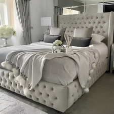 Luxury Winged Bed Frame Plush Velvet Upholstered Ottoman Gas Lift Storage Double