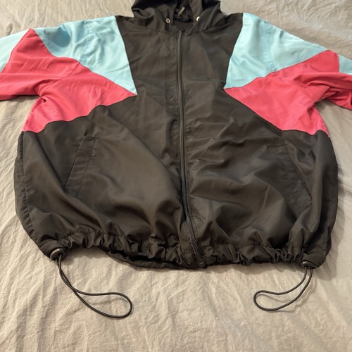 MADHERO Men’s Black/Pink/Turquoise Hooded Full Zip Windbreaker 90’s Style - Picture 6 of 11
