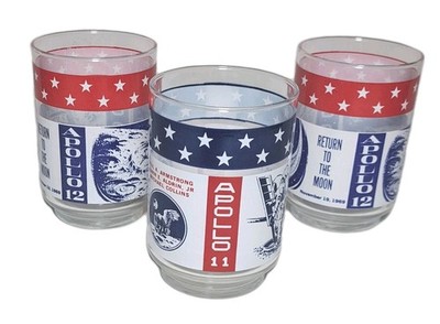 APOLLO 11 & 12 VINTAGE COLLECTIBLE ''RETURN TO MOON'' DRINKING GLASS SET OF 3 NM