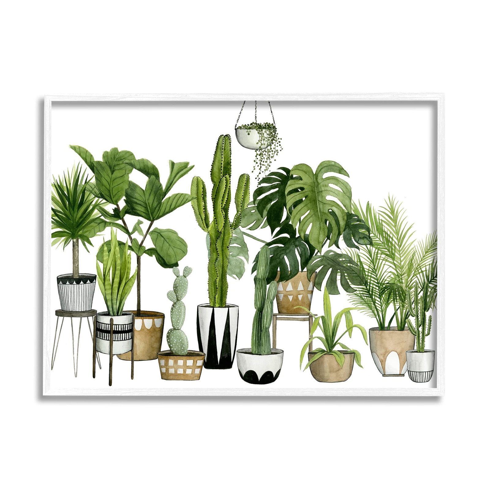 Boho Plant Scene with Cacti and Succulents in Geometric Pots Watercolor Frame...