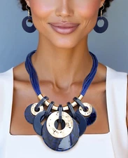 Fancy Navy Blue Acrylic Disc Rings Charm Cord Fashion Necklace Set Gold Plated