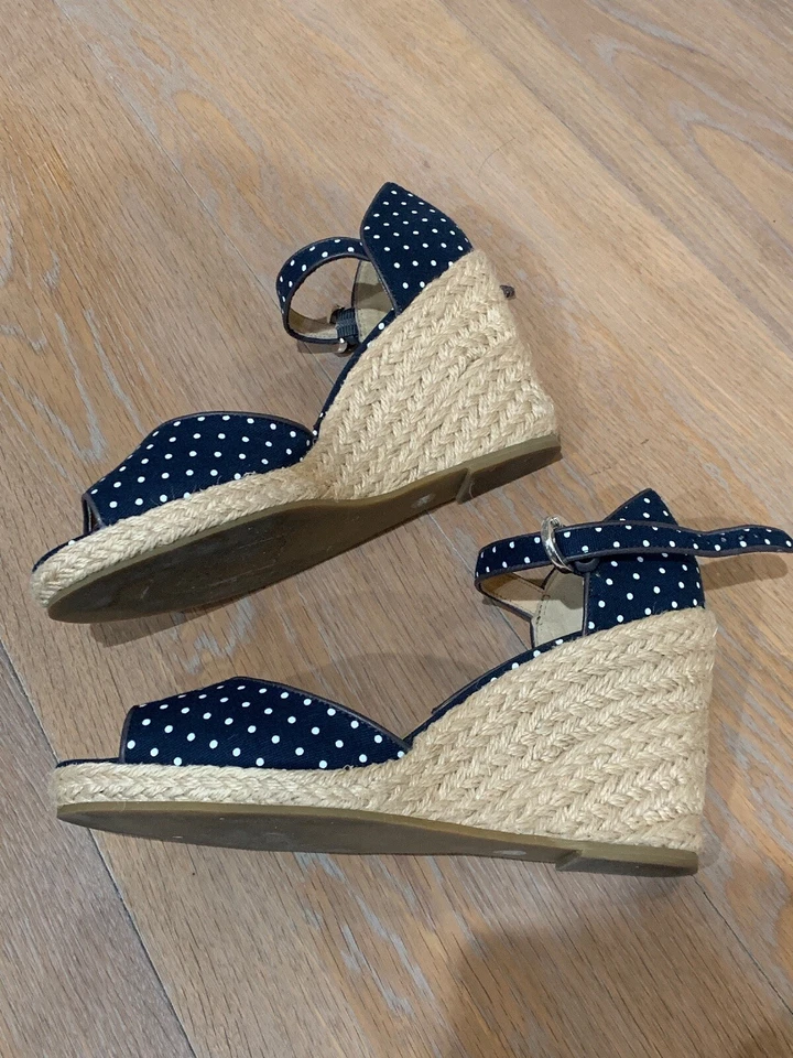 Michael Kors Navy Blue White Polka Dot Canvas Peeptoe Jute Wedges 9 Ankle Strap - Imagem 2 de 4