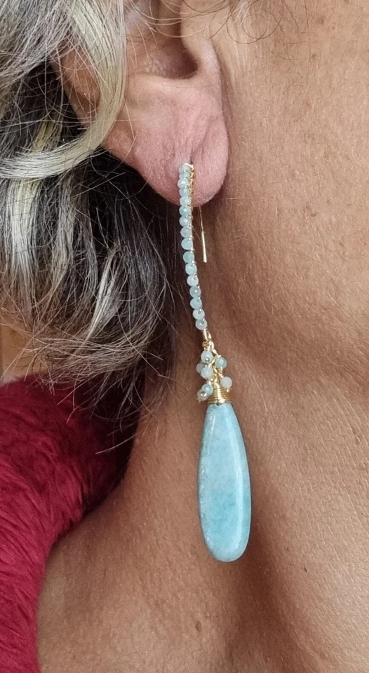 ORECCHINI A GOCCIA in amazzonite con amo in argento dorato, orecchini azzurri - Immagine 3 di 4