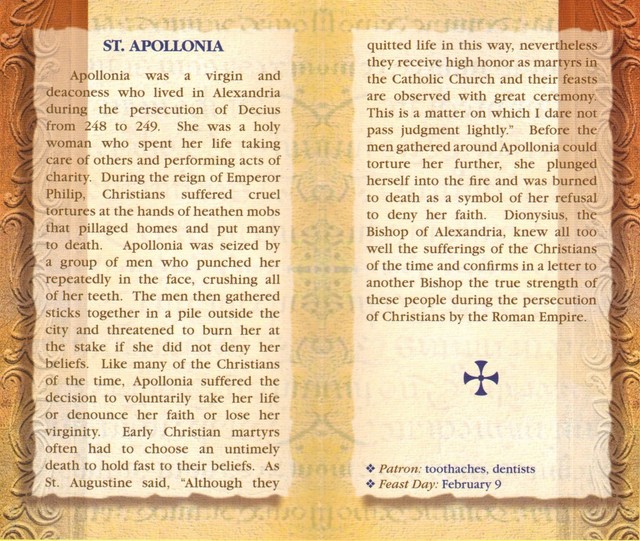 Saint St. Apollonia Biography, prayer, Feast Day, etc... Folder Card