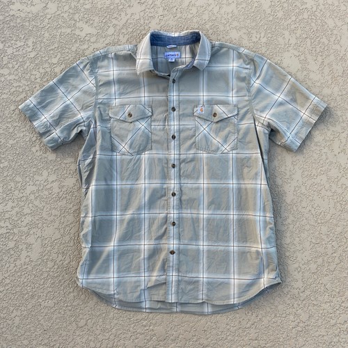 Carhartt Button Up Shirt Mens 2XL Tall Tan Plaid Relaxed Fit Short sleeve