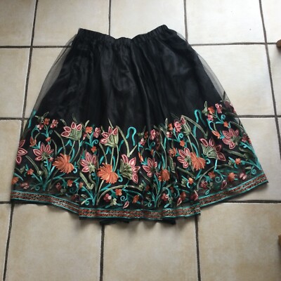 Midirock Schwarz Tüll Blumen Stickerei 38/40 Hippie Boho Coachella Party Fest