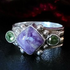 Bohemian Silver Ring Peridot  Marbled Amethyst Hued Gem, sized 5.25