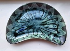 Vintage Portmadog Crescent Plate Blue / Green Glaze With Stand