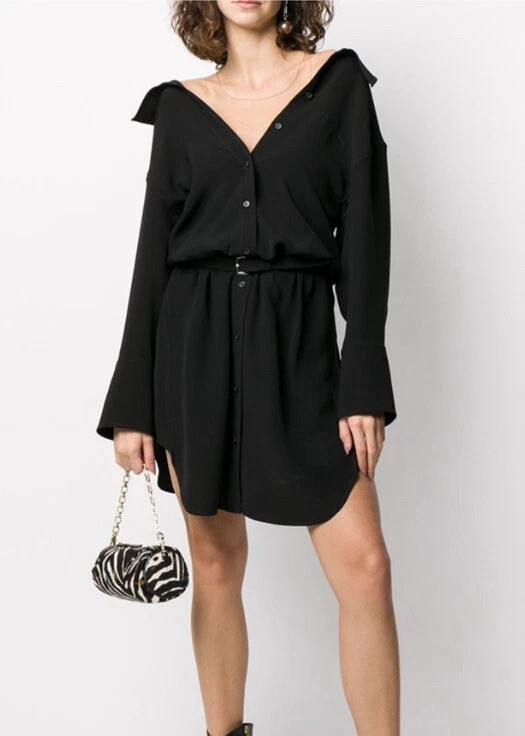 Camicia abito in seta alexander wang ""spalla cadente"" $700 nero taglia xs 0