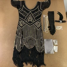 Women's Medium Black Gold Sequin Fringe Flapper Dress & Accessories 9 Pieces New