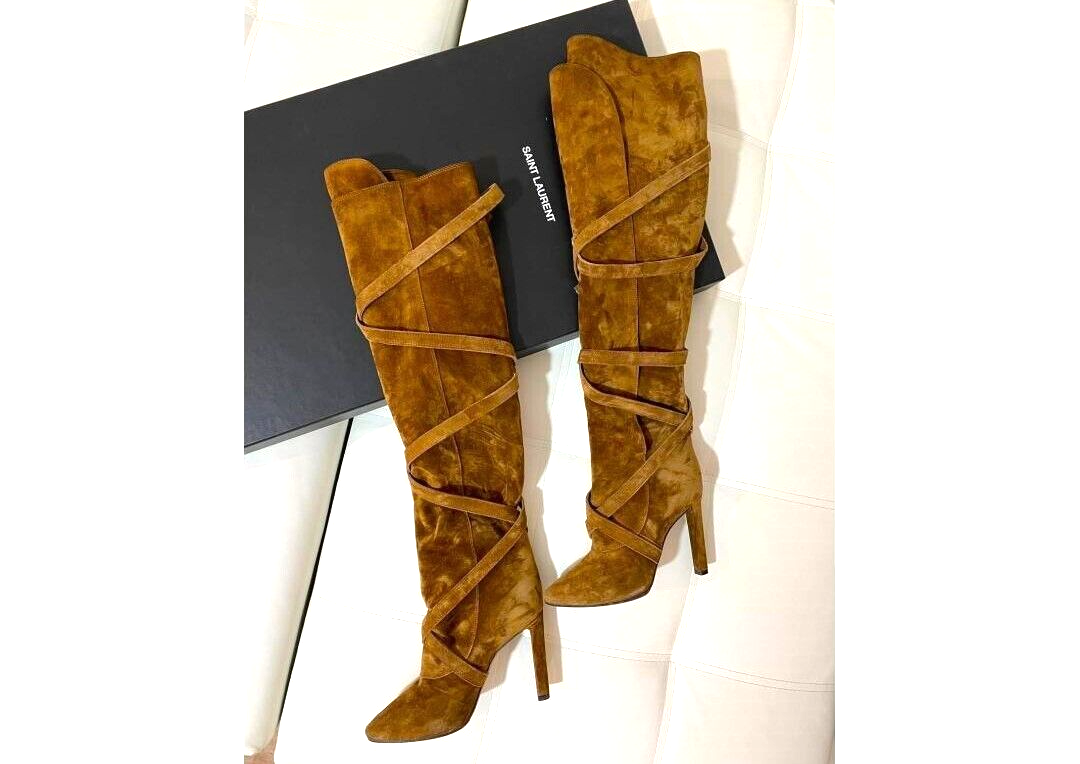 Stivali OTK Saint Laurent YSL scamosciati marroni nuovi autentici $2195 taglia 37