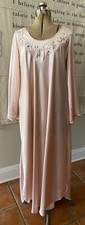 Vintage NATORI Neiman Marcus Peach Satin Long Nightgown Embroidery Floral Lace S