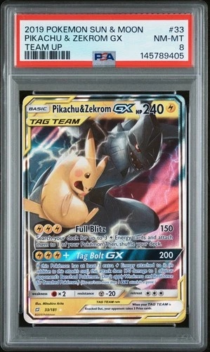 2019 POKEMON SUN & MOON TEAM UP #33 PIKACHU & ZEKROM GX PSA 8