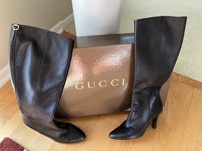 GUCCI 202905 BLACK STIV PELLE IRIS VERNICE NAPLACK LEATHER HEEL KNEE BOOTS 8B