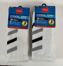 2 Packs Hanes COOL DRI Crew Socks Wicking White Mens 6-12 3 Pairs Each 6 Total