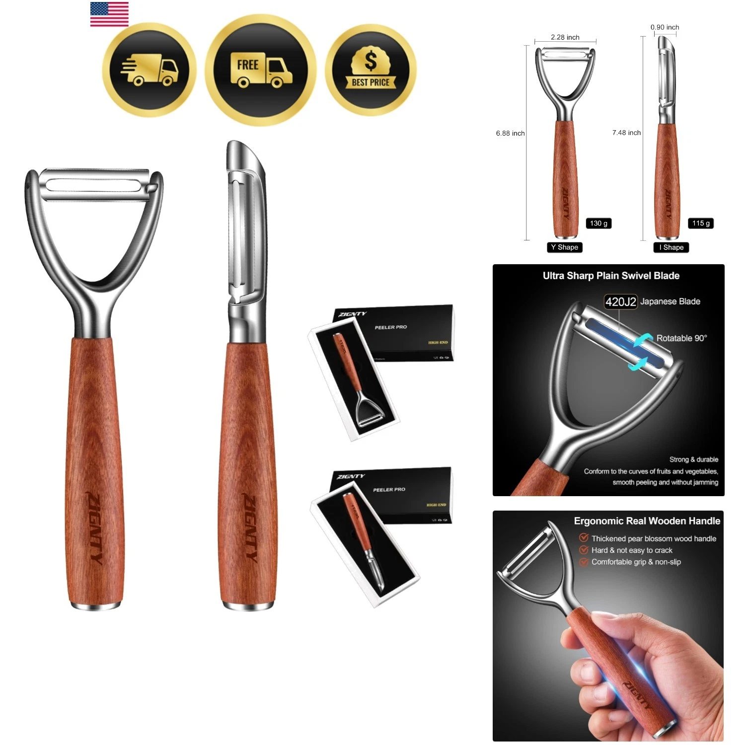 Vegetable Fruit Peeler Stainless Steel Sharp Kitchen Tool Ergonomic Wooden Ha...