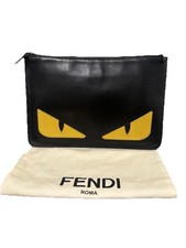 Fendi Roma Unisex Black Leather Monster Collection Large Zipper Pouch Clutch Bag