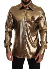 Dolce & Gabbana Metallic Gold DG Embroidered Crown Silk Top Men's Shirt