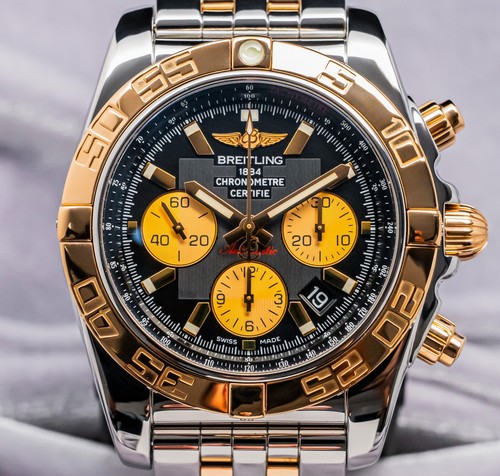 Breitling Chronomat 44 Rose Gold $14K MSRP Two-Tone WARRANTY eBay Live CB0110