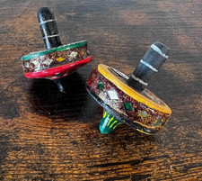 x2 Vintage Hand-Painted Spinning Top Folk Art Mirror Pieces Made in India
